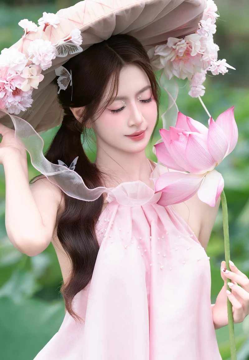 gái xinh mặc pinky cài hoa