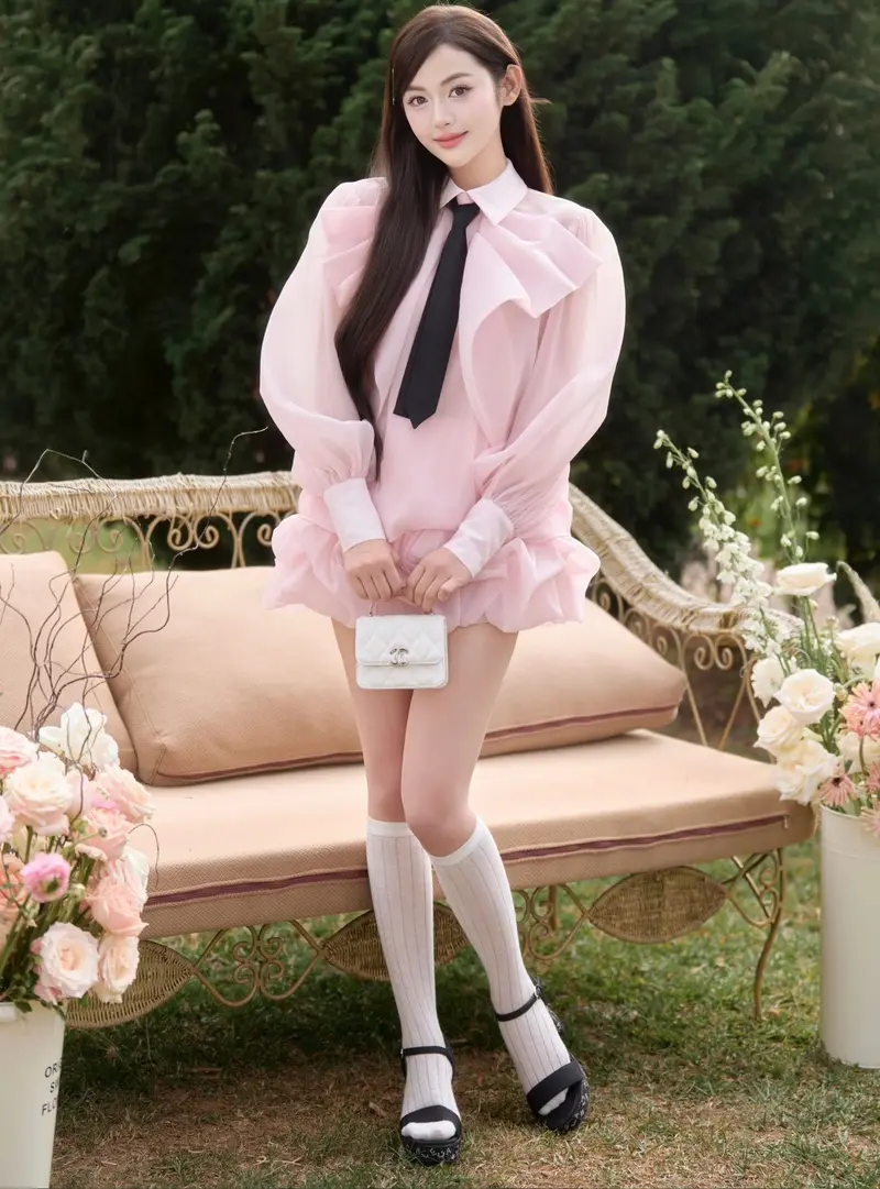 gái xinh mặc pinky thắt nơ