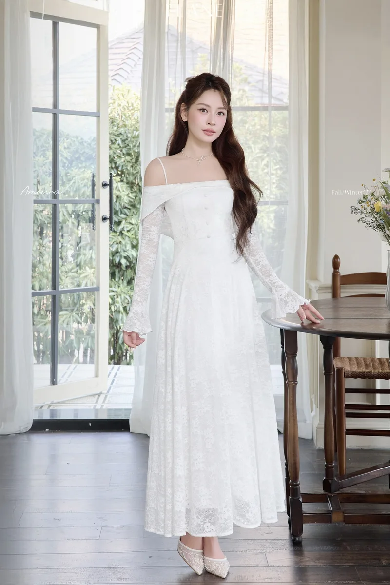 ảnh gái xinh mặc váy trắng chễ vai