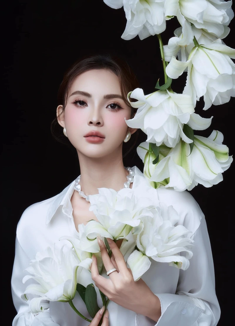 gái đẹp cầm hoa trắng