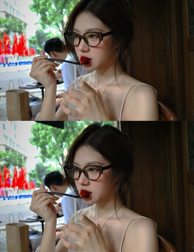 gái xinh mặc áo 2 dây đeo kính