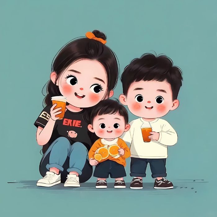 hình gia đình 3 mẹ con chibi