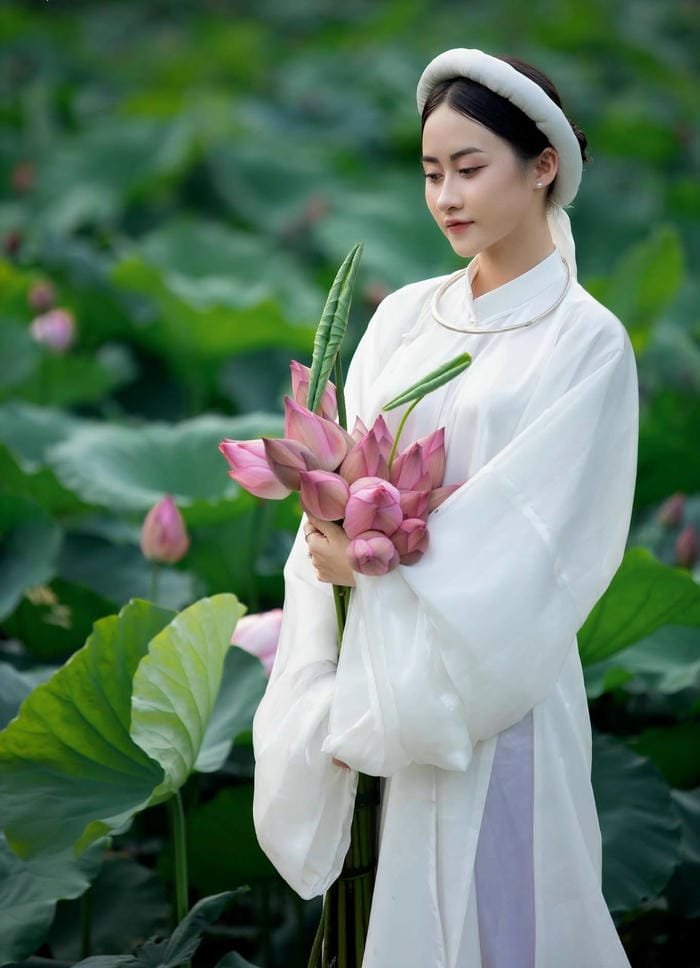 gái xinh đầm sen dịu dàng