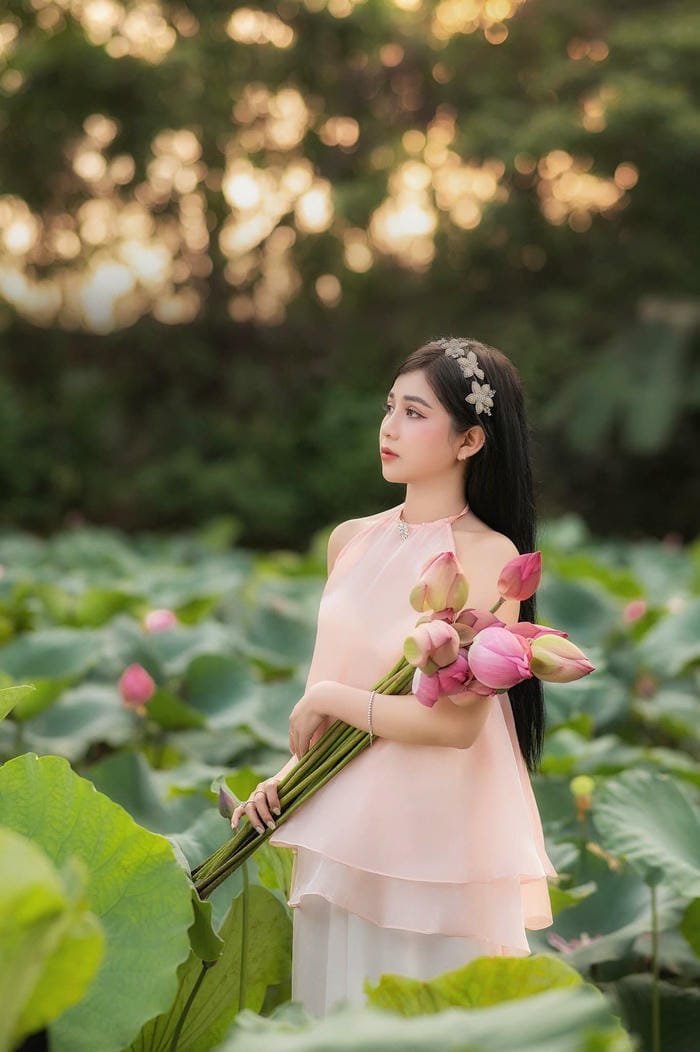 gái xinh đầm sen phong cách