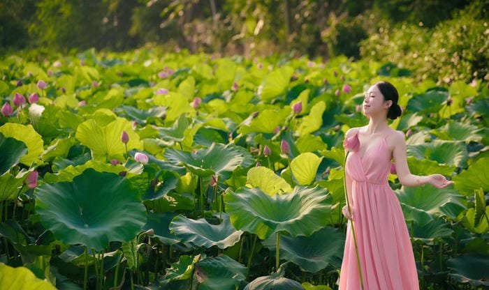 gái xinh đầm sen tối giản